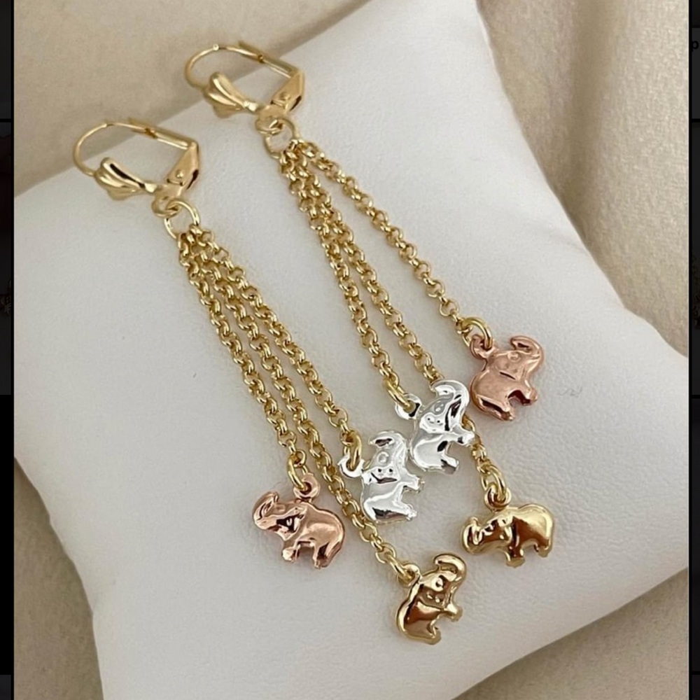 18k Gold Filled Tricolor Long Dangle Elephant Earrings  🐘✨ aretes de elefantes